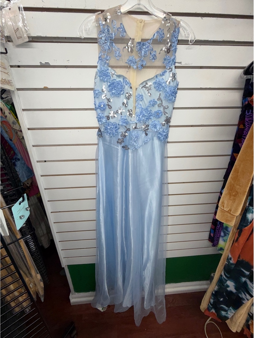 Women’s Small Light Blue Floral Sequin Illusion Mesh Formal Maxi Gown